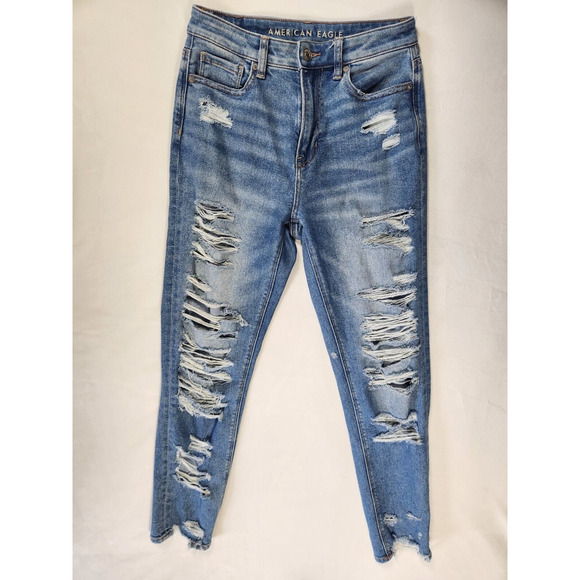 Sz 2 American Eagle Heavily Distressed Mom Jeans Medium Wash Womens Size Two AEO - Picture 2 of 12